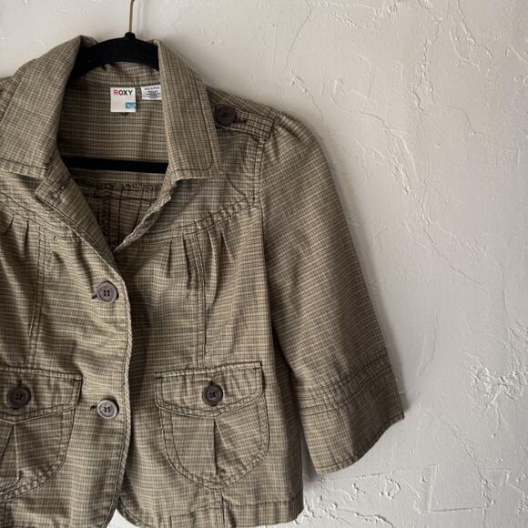 Roxy Jacket Y2k Small Brown Plaid Cropped Blazer 3/4 Sleeve Utility Pockets Twee - Picture 2 of 8